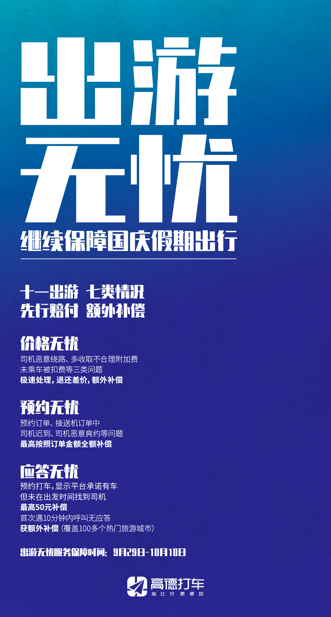 高德打车推出十一出游无忧保障：乘客如遇七类问题可获额外补偿
