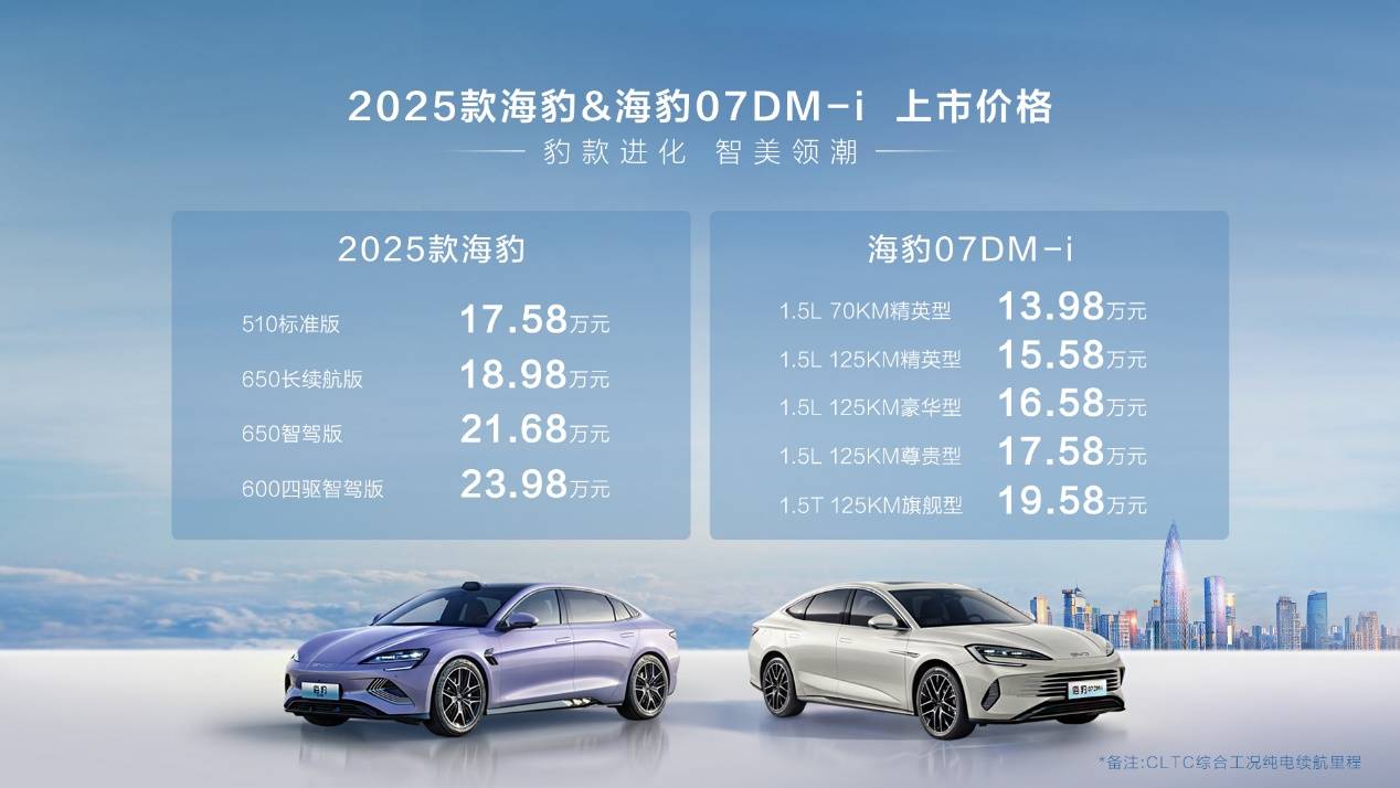 豹款进阶焕新上市 比亚迪2025款海豹17.58万元起、海豹07DM-i 13.98万元起