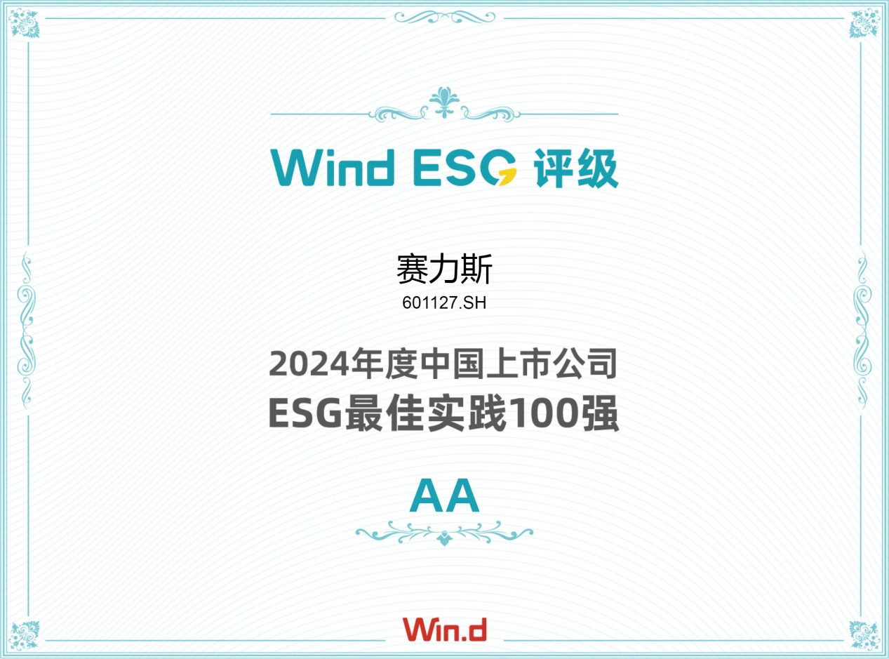 赛力斯荣登Wind 2024年度ESG最佳实践百强榜