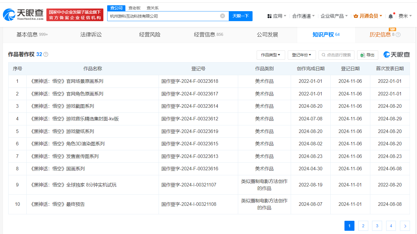出品方已登记多项黑神话悟空著作权 游戏科学已注册黑神话悟空系列商标