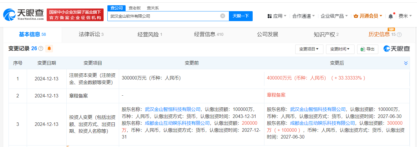 武汉金山软件公司增资至40亿 增幅约33%