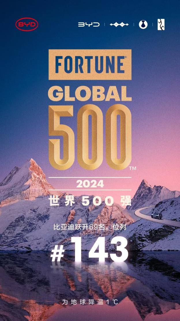 2024年世界500强，比亚迪位列第143名