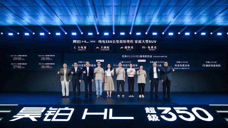 1广汽集团董事长、总经理冯兴亚（左3），副总经理閤先庆（右2），执委会委员、品牌营销领域负责人黄永强（左2），平台技术研究院院长梁伟强（右1）、广汽昊铂品牌首席执行官马海洋（左1），与首批车主合影