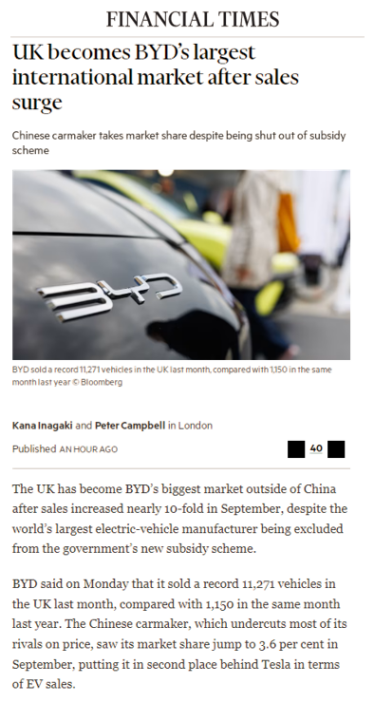 金融时报:英国销量飙升,成为比亚迪最大的国际市场