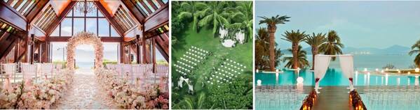 从左至右：三亚亚龙湾万豪度假酒店的“海之恋”婚礼堂、三亚海棠湾JW万豪度假酒店的椰林草坪、三亚山海天大酒店傲途格精选的玻璃水台