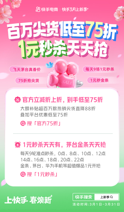 快手3月上新季正式开售：百万尖货低至75折 1元秒杀天天抢
