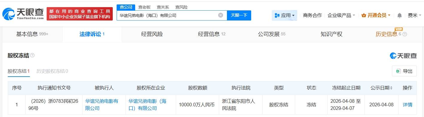 华谊兄弟电影公司1亿股权被冻结