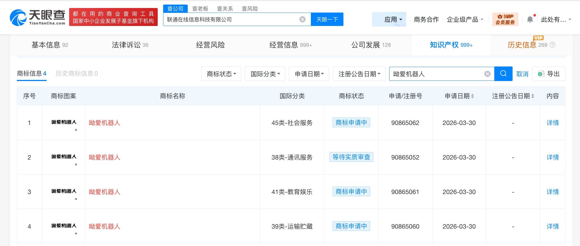 联通在线申请注册呦爱机器人商标